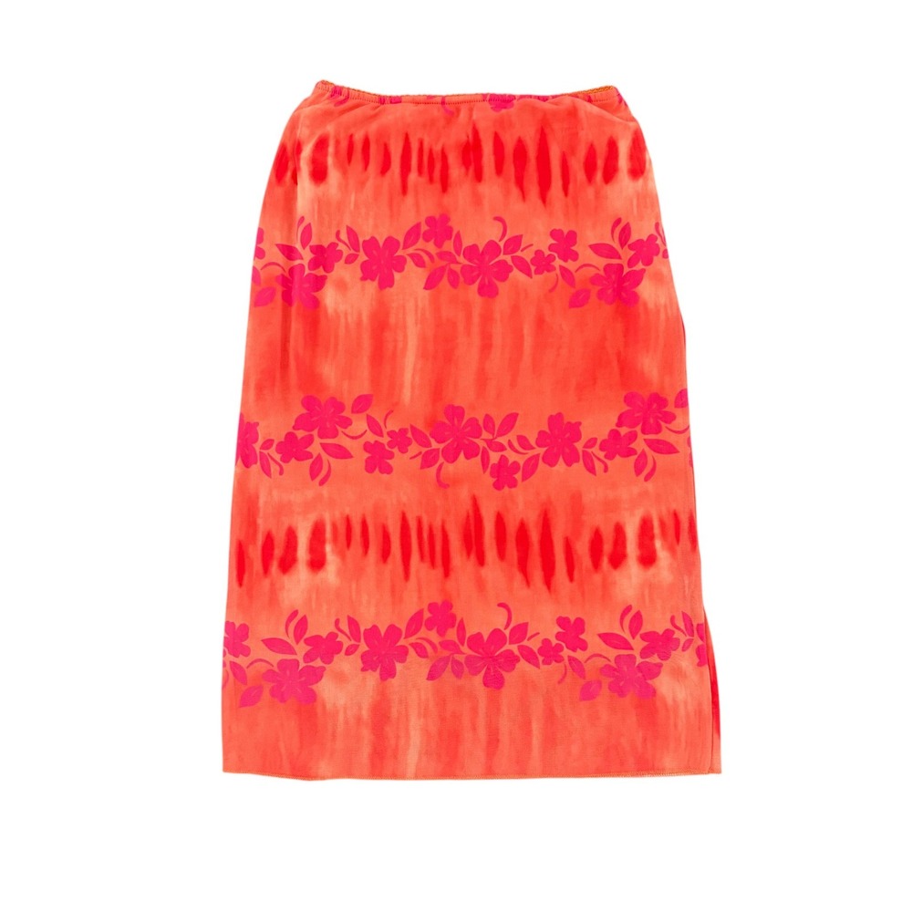 Y2K Tropical Hibiscus Mesh Overlay Midi Skirt S Orange Pink Dopamine Dressing